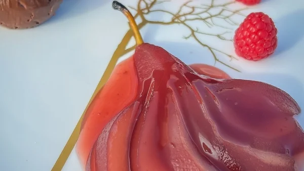 Neven's chocolate creamux with poached pears